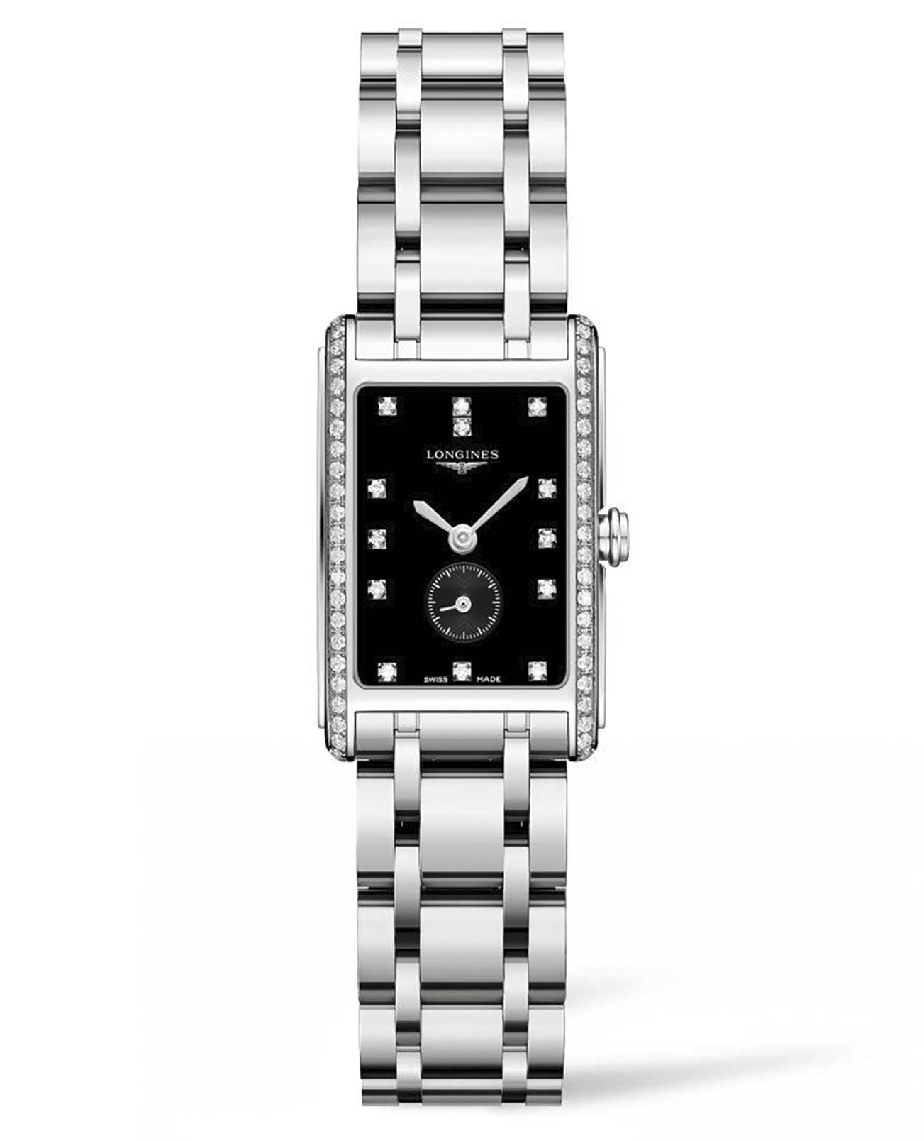 Longines Longines DolceVita L5.255.0.57.6  L52550576 кварцевые женские часы черный циферблат, браслет нержавеющая сталь — вид спереди